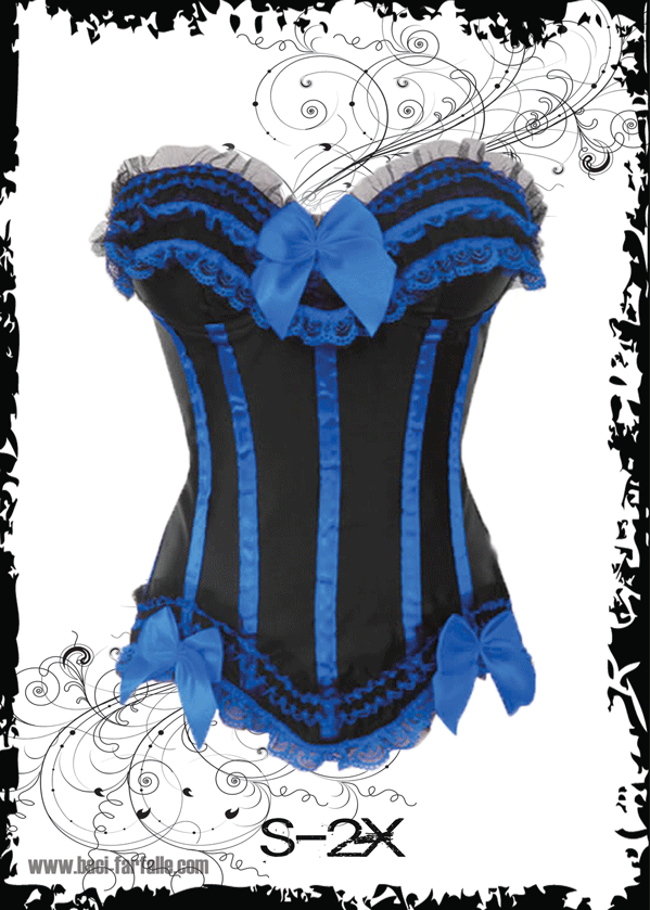 Black burlesque corset with blue lace trim 22"-46" waist