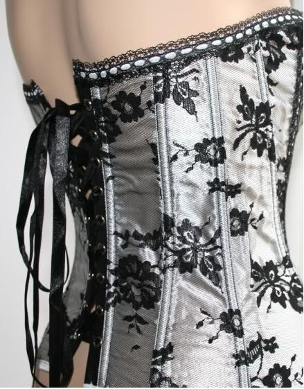 Classy, Sassy, Sexy Black Lace over White, Silver Toned Corset