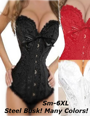 Sturdy Black Tapestry Corset with Ruffled Trim and Bow S-6X