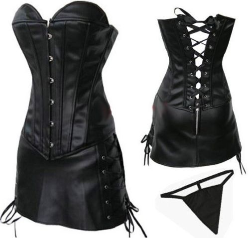 Bold Black Sexy Leather Corset with Mini Skirt