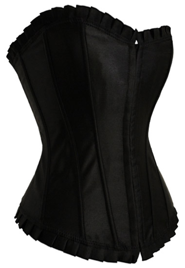 Solid Midnight Black Satin Corset with Ruffled Trim
