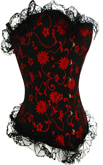 Elegant Black and Red Floral Lace Up Corset
