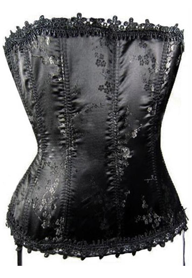 Black Satin Floral Tapestry Strapless Corset with Venice Trim