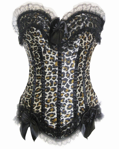 Sexy animal print corset with black lace and bows