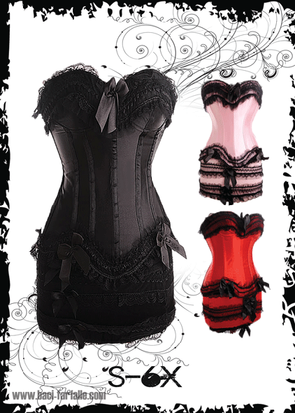 Breathtaking Black Corset with Lace Accents and Skirt - White/Black/Pink/Red