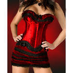 Stunning Satin & Lace Corset with tantalizing ruffled mini skirt included. Red/Black/Pink/White S-6X!