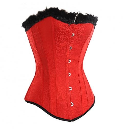 Devil-ishly hot - striking red tapestry corset with lush fur accent all sizes!