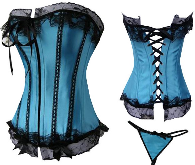 Elegant Robins Egg/Turquoise and Black Corset with Matching Thong