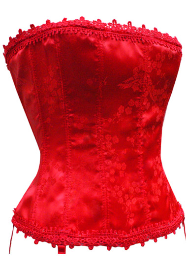 Red Satin Floral Tapestry Strapless Corset with Venice Trim
