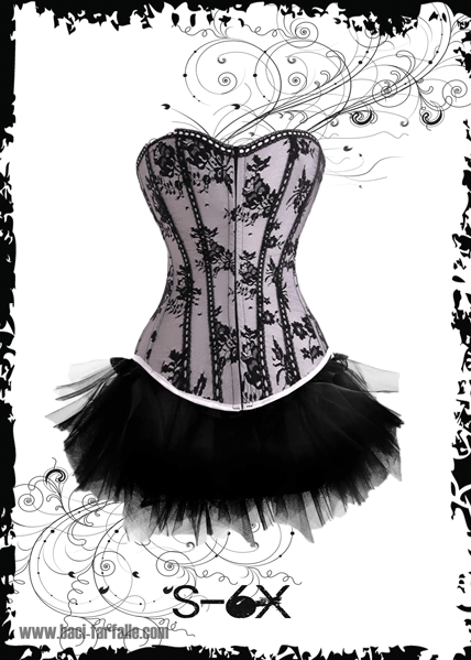 Hot Silver White Corset with Black Floral Lace and Black Tutu