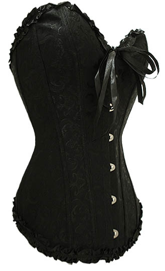 Black Tapestry Corset with Ruffled Trim and Bow