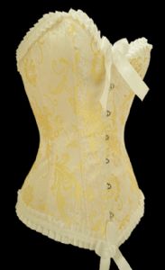 Yellow satin corset with ruffled trim and bow