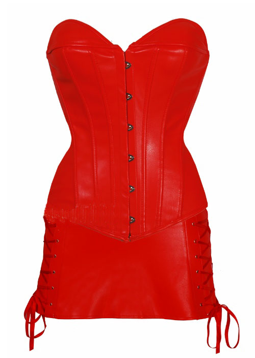 Bold Red Sexy Leather Corset with Red Leather Skirt